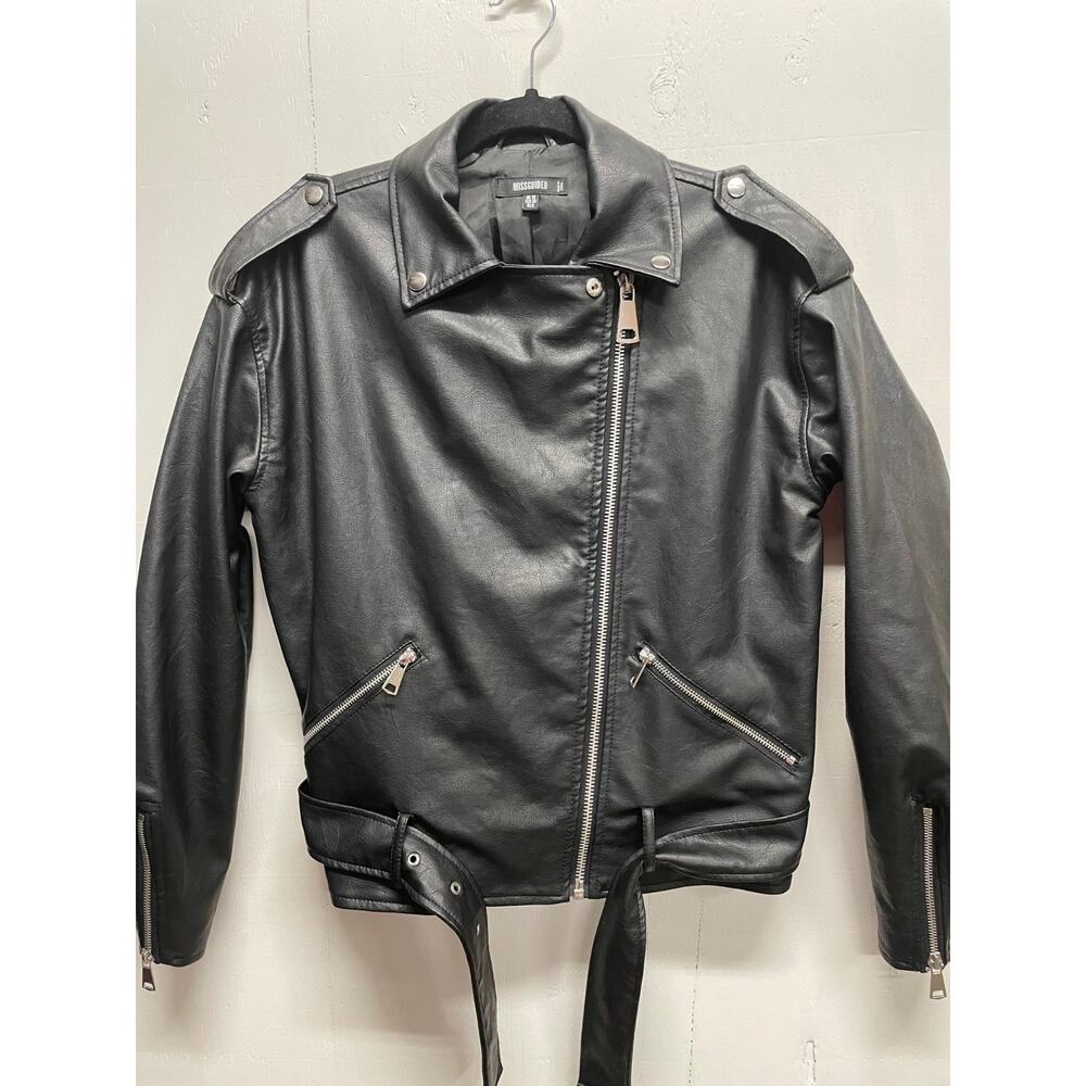 Misguided US 6 Medium Size Black Faux Leather Motorcycle Jacket Retro T-Birds - Picture 7 of 12